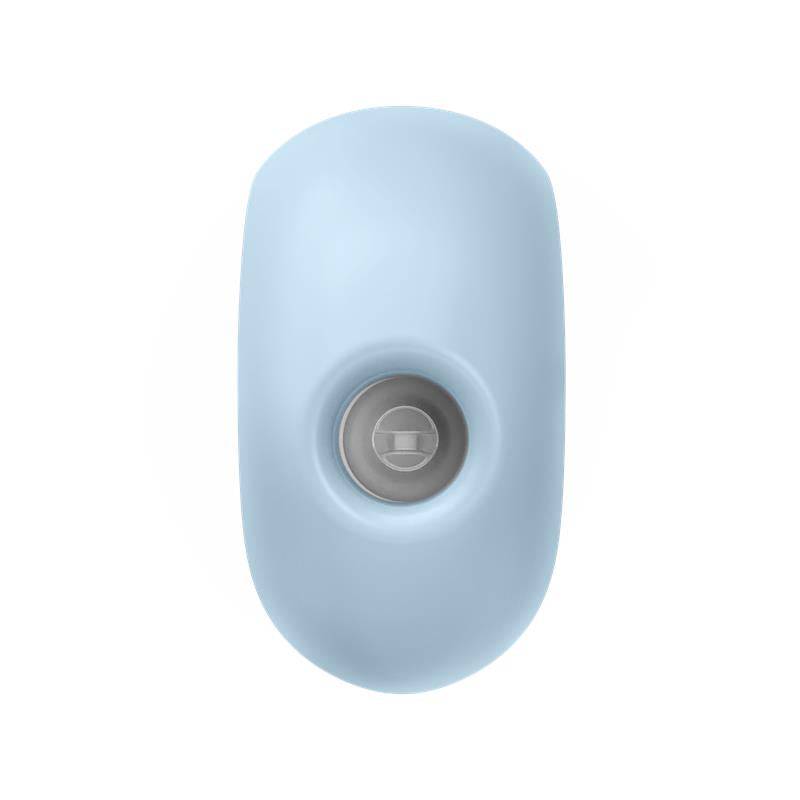 Compact light blue silicone clitoris stimulator with circular suction nozzle and single button control.