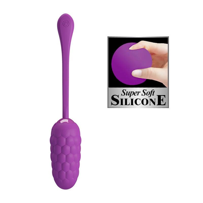 Purple silicone vibrating egg with textured surface and flexible tail, USB rechargeable.