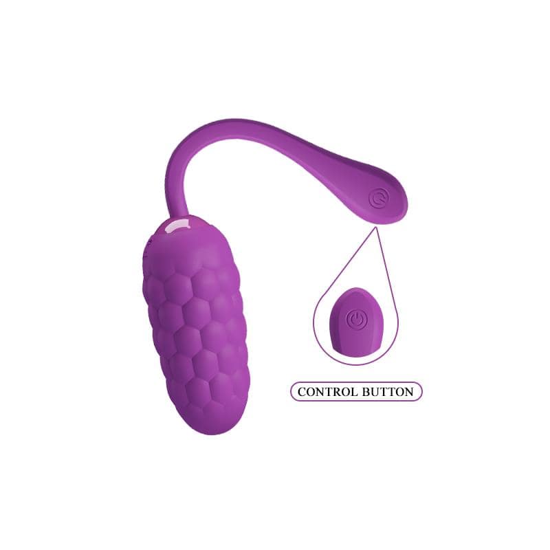 Purple textured silicone vibrating egg with curved tail and matching wireless remote control button.