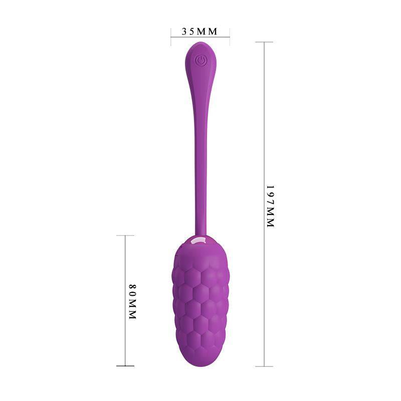Purple textured silicone vibrating egg with attached slim tail, 80mm length, 35mm width.
