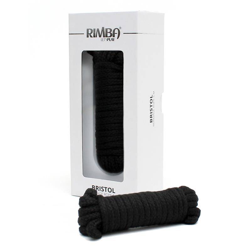 Black hemp rope coiled inside white rectangular Rimba Toys Bristol packaging with clear window.