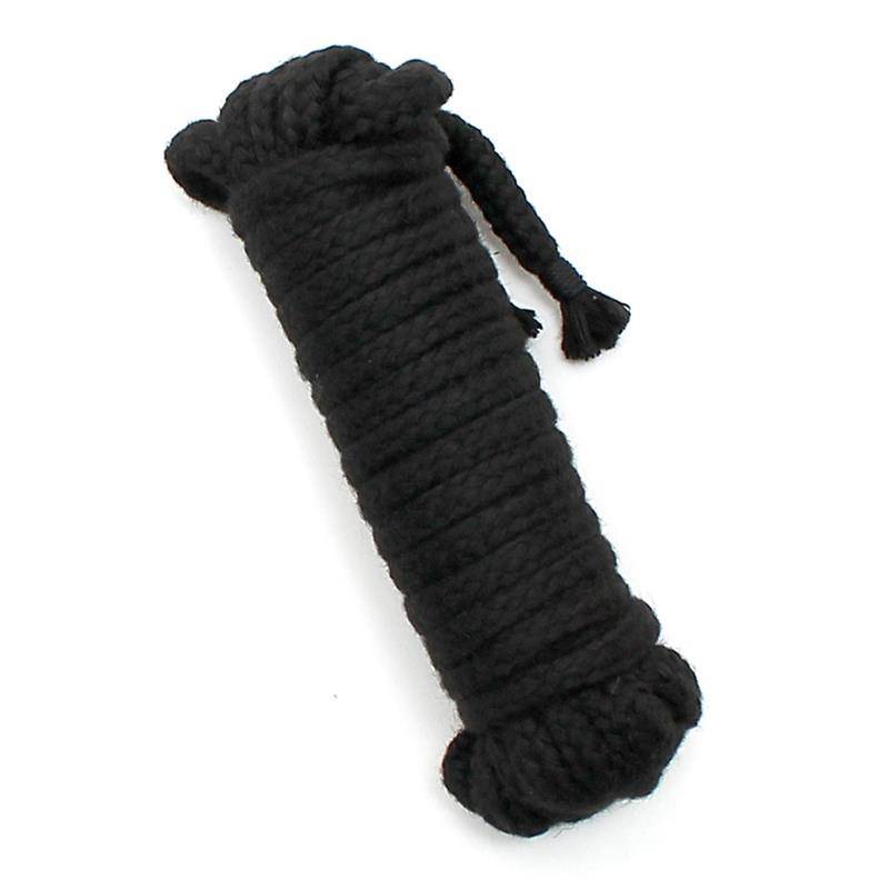 Black natural fiber rope neatly coiled with knotted ends, 5 meters long.