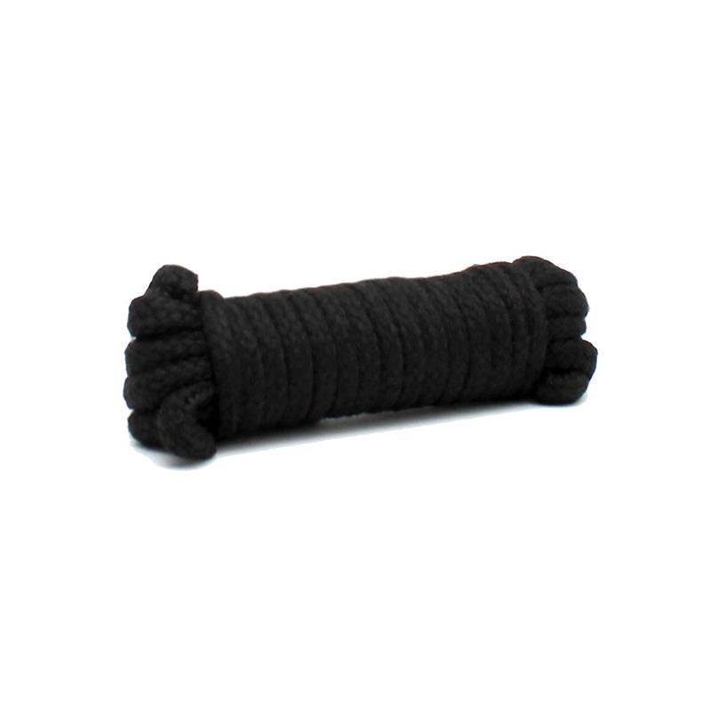 Black tightly coiled hemp rope with thick twisted ends against white background.