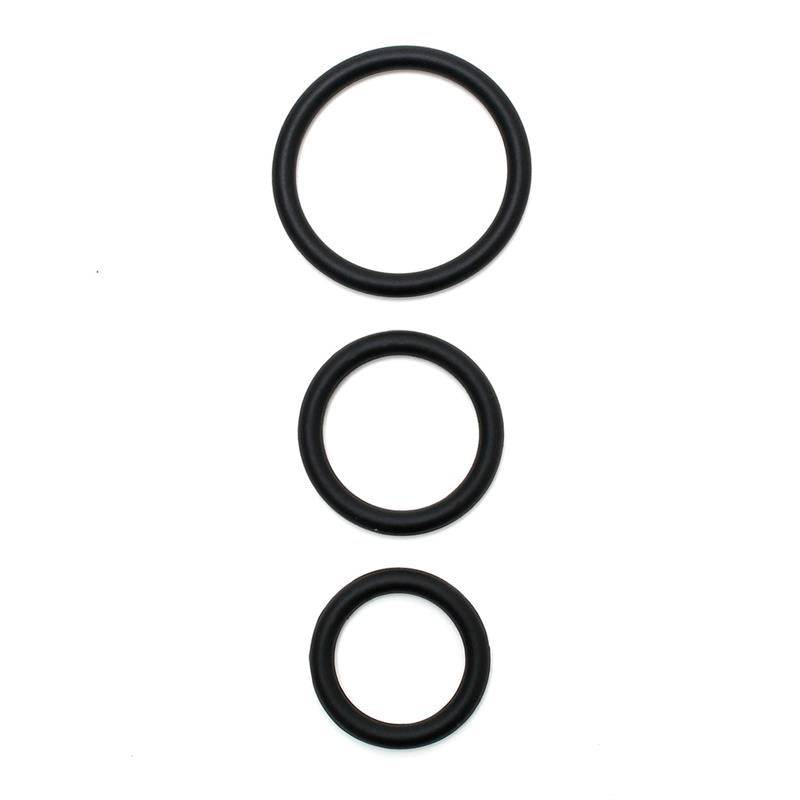 Set of three black silicone penis rings in small, medium, and large sizes arranged vertically on a white background.