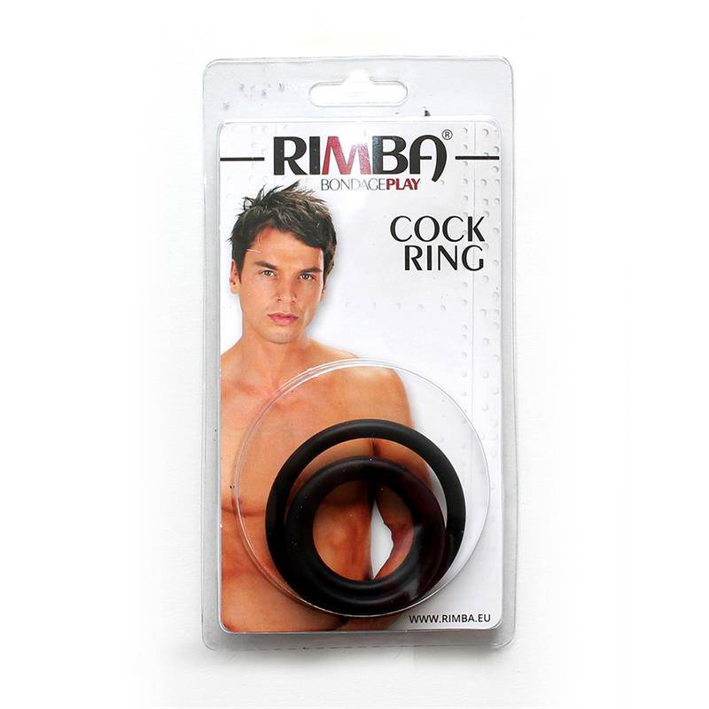 Set of 3 black silicone penis rings in varying sizes, packaged with shirtless male model on cover.