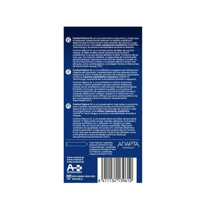 Back packaging of Nature XL 12 uds showing multilingual product information, highlighting its extra-large size and comfortable fit.