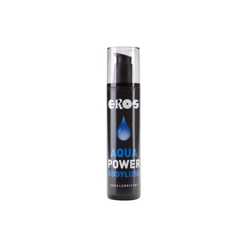 Black cylindrical pump bottle of EROS Aqua Power Bodylube with blue water drop graphic, 250 ml.