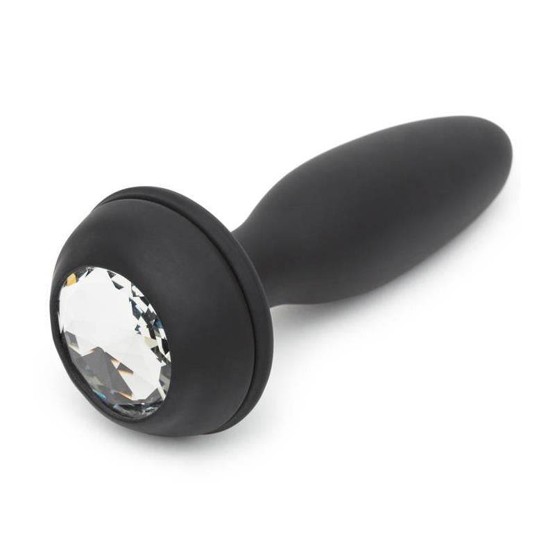 Large black silicone anal plug with double base and clear crystal accent on base.