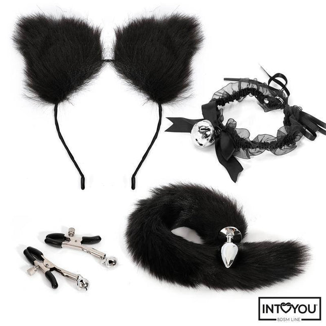 4 Pcs Cosplay Set featuring fluffy ear headband, black nipple clamps, and BDSM roleplay accessories for adults.