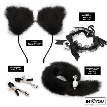 4 Pcs Cosplay Set with black cat ears, adjustable collar, nipple clamps, and fox tail anal plug for roleplay enthusiasts.