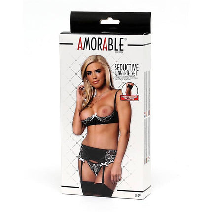 Product packaging for 4 Pieces Set Open Bra, Thong, Garter and Stockings by Amorable.