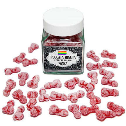 40 Penis-Shaped Candies Jar, Strawberry/Cherry Flavor LGBT with playful design and fruity taste.