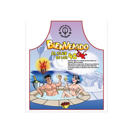 Humorous "Bienvenido al Club de los 40" design on 40th Birthday Apron, featuring cartoon characters celebrating in a hot tub.