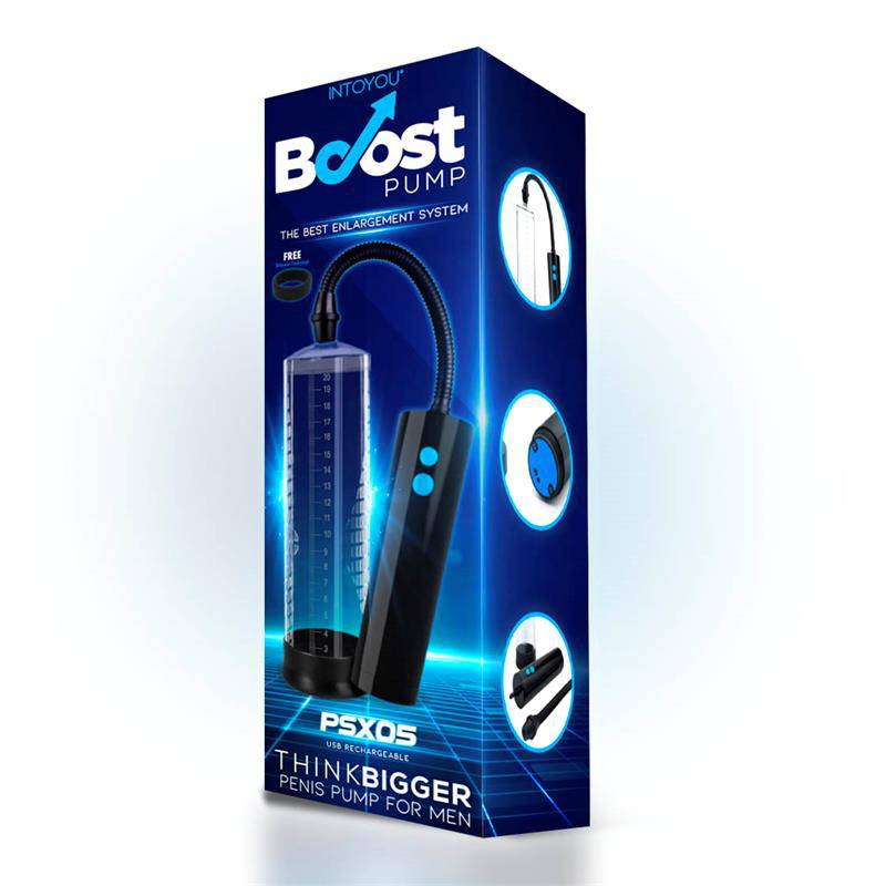 Blue and black box packaging for Boost Pump PSX05 automatic penis pump with USB charging and control buttons visible on.