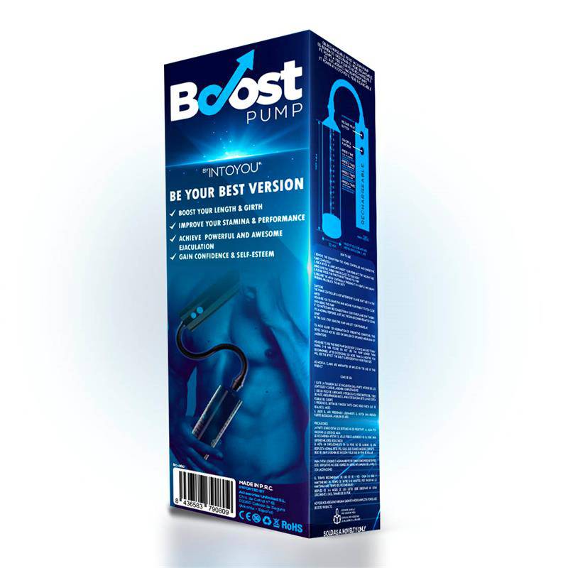 Blue and black Boost Pump PSX05 automatic penis pump packaging with USB charging and product details on the box.