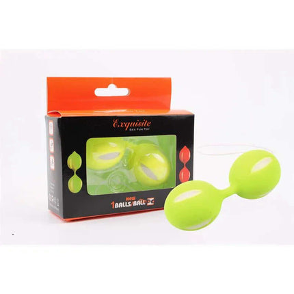 Green Ben Wa Balls 10.3 cm for Kegel Exercises in packaging, designed with body-safe silicone and ABS core for pelvic floor workouts.