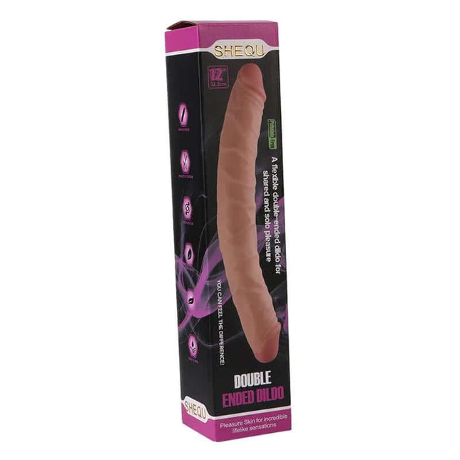 Packaging of Double Dildo Lester 33 cm, showcasing lifelike, tactile detailing for enhanced pleasure in solo or couples sessions.