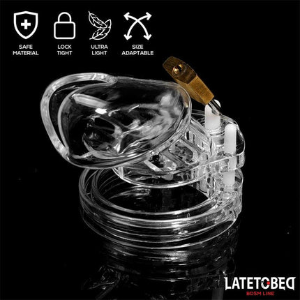Latetobed BDSM clear short chastity cage with lock, adjustable transparent penis cage for secure male chastity play