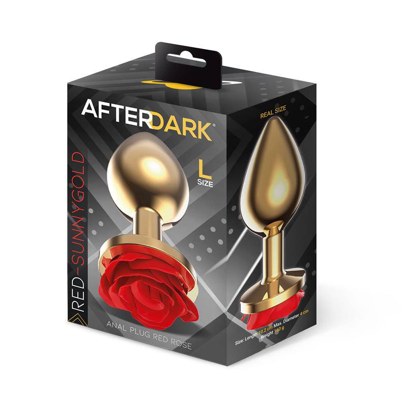Golden Metal Anal Plug with Red Rose Base Size L