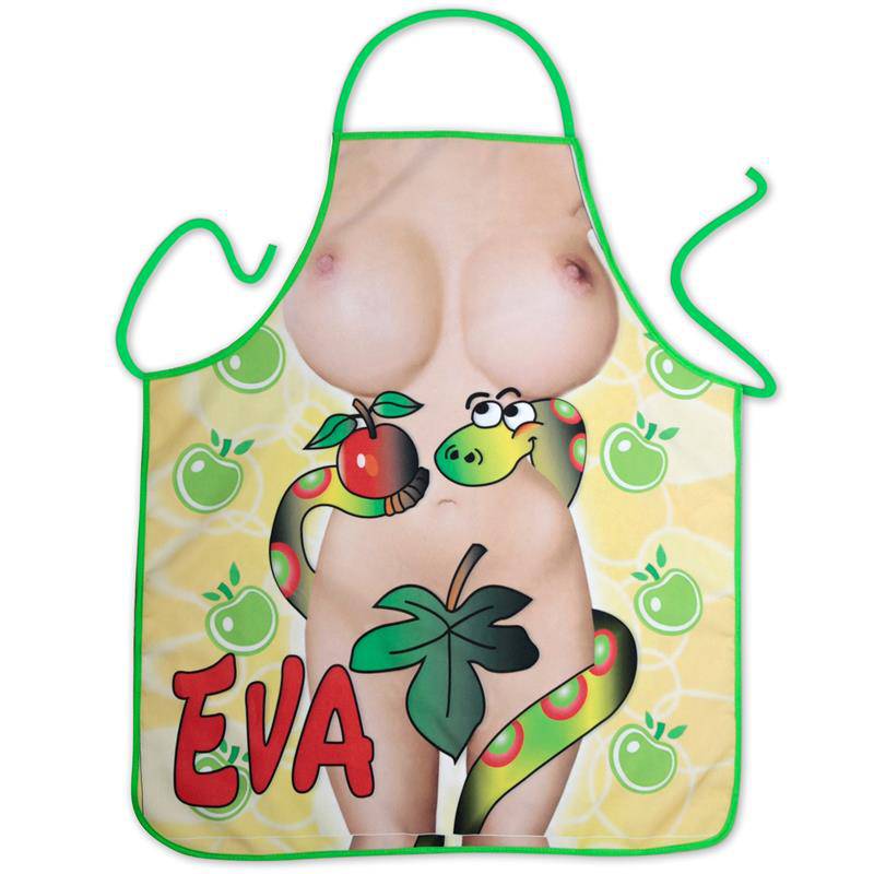 Yellow apron featuring a cartoon snake wrapped around a nude female torso with green apple background and red text "EVA".