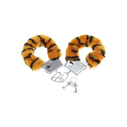 Furry Handcuffs with Carabiner Adjustment featuring plush tiger-striped lining and easy carabiner closure for comfort in intimate moments.