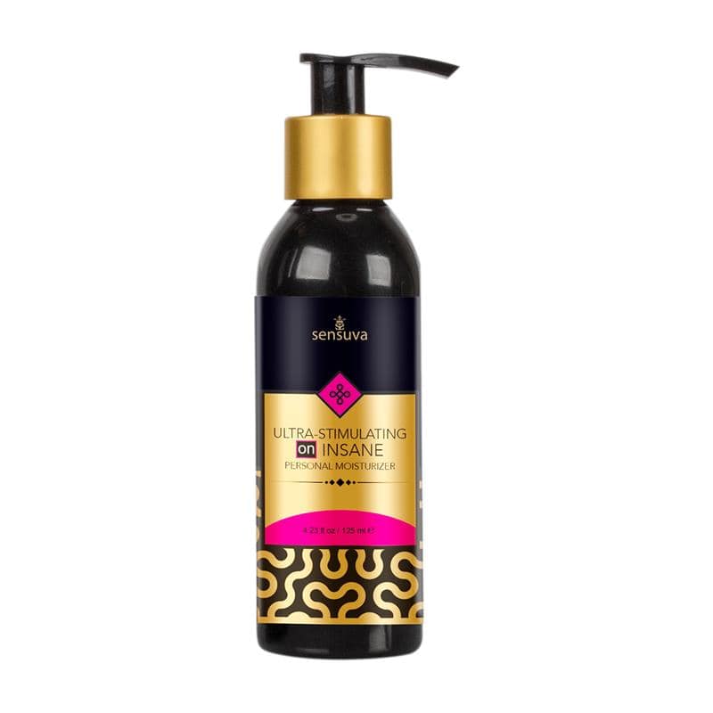 Black bottle of Sensuva Insane Arousal Glide with gold and pink label and black pump dispenser.
