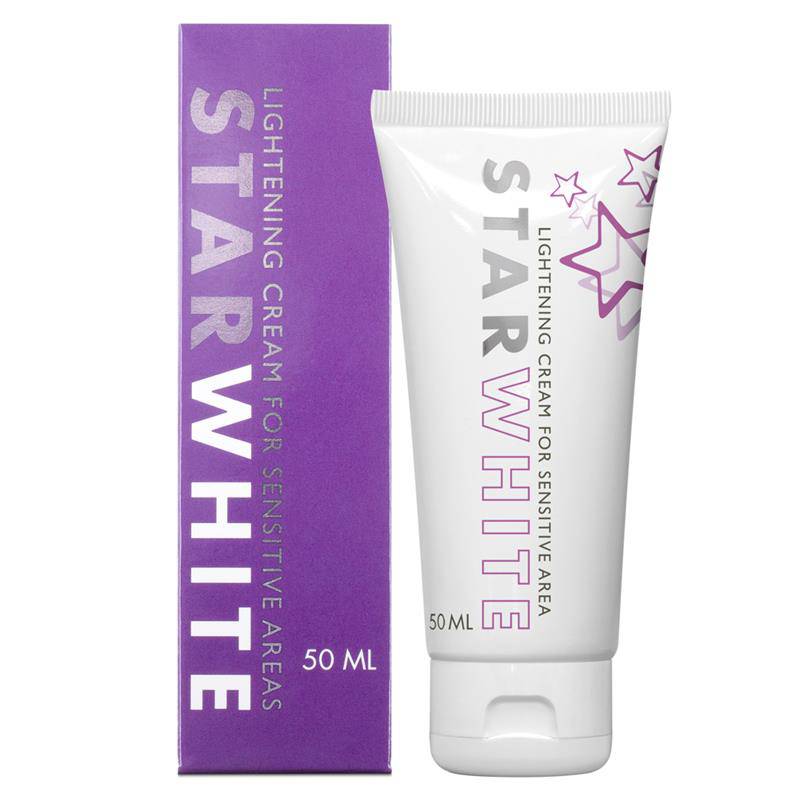 StarWhite lightening cream tube with purple star design next to tall purple box with white text.