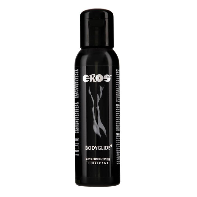 Super Concentrated Silicone Bodyglide 250 ml shown in black bottle with EROS branding, offering premium, long-lasting lubrication.