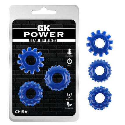 3-Piece Adjustable Cock Ring Set - Gear Up Blue Kit with three blue rings displayed in packaging and separately