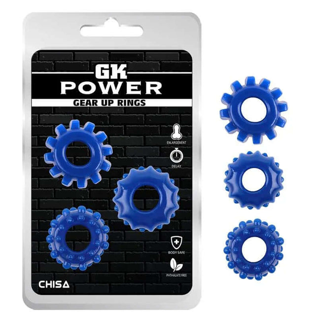 3-Piece Adjustable Cock Ring Set - Gear Up Blue Kit with three blue rings displayed in packaging and separately