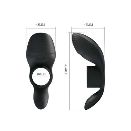 Vibrating Penis Ring USB Silicone in black with dimensions, body-safe silicone and ABS construction.