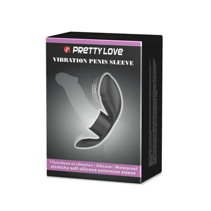 Packaging of Pretty Love Vibrating Penis Sleeve showing features like silicone material and waterproof design