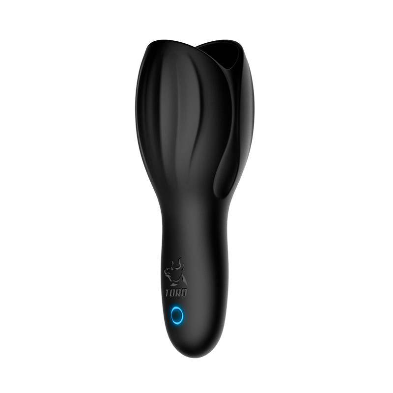 Black silicone Tiper Tip Cup Masturbator with textured ridges and illuminated blue power button.