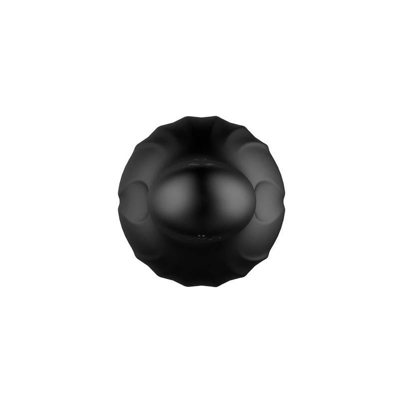 Black silicone male masturbator cup with textured, contoured outer surface.