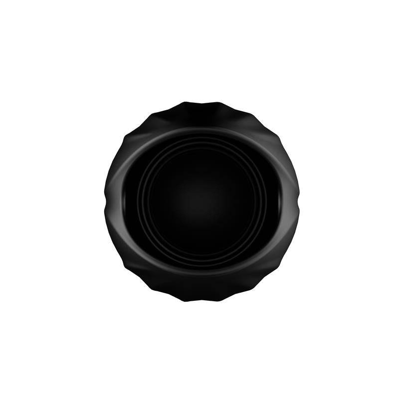 Black silicone Tiper Tip Cup Masturbator with ridged exterior and circular opening.