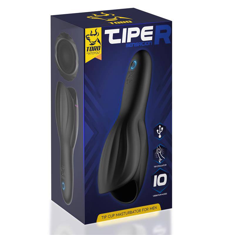 Black silicone Tiper Tip Cup Masturbator for men with USB charging port in blue and yellow box.