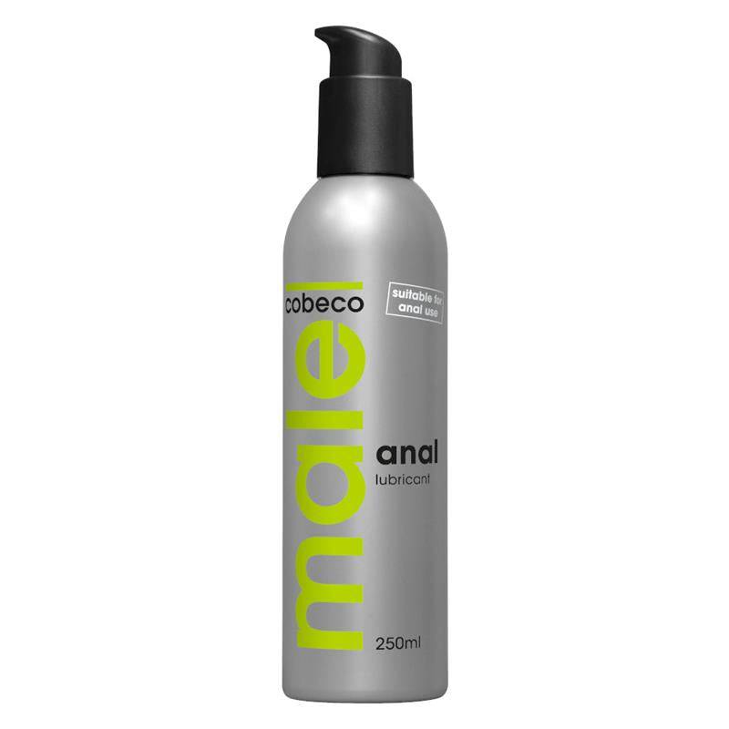 Silver 250ml bottle of Cobeco Pharma Male Thick Texture Water Based Anal Lubricant with black pump dispenser.