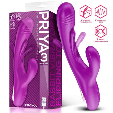 Priya Vibe with Flipping Movement Tongue showing three motors and purple design, featuring advanced vibration and flipping tongue functions.