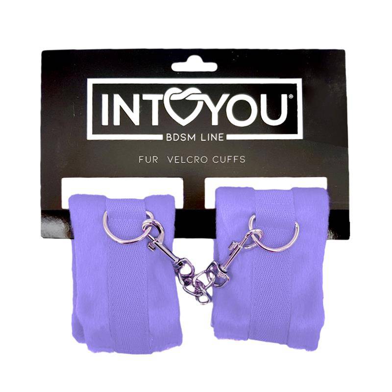 Purple long fur handcuffs with silver metal chains and Velcro fasteners on black INTOYOU BDSM Line packaging.