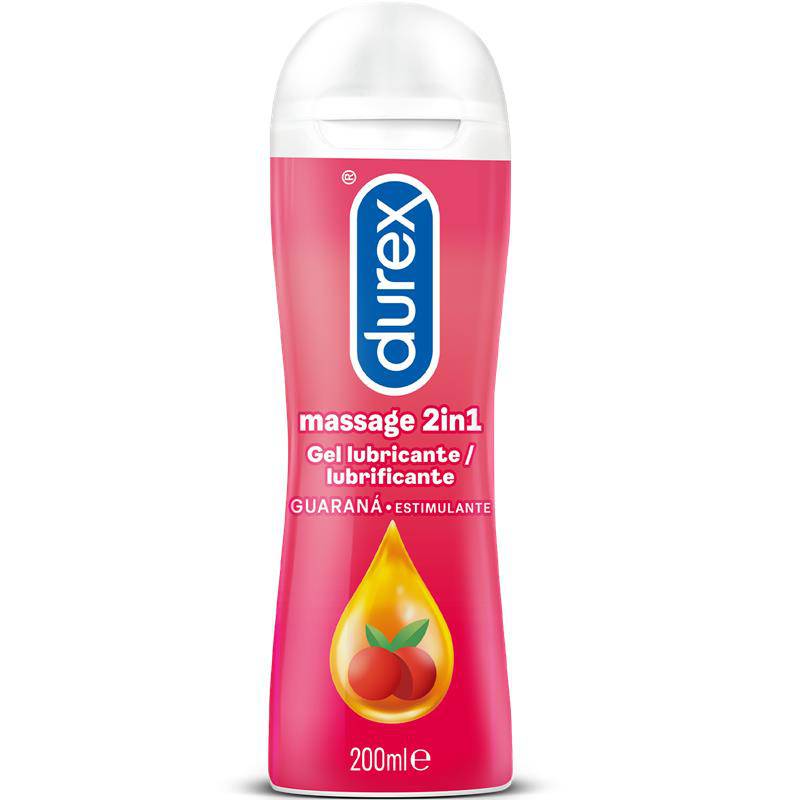 Durex Massage 2-in-1 Guarana gel in pink 200ml bottle with fruit drop graphic.