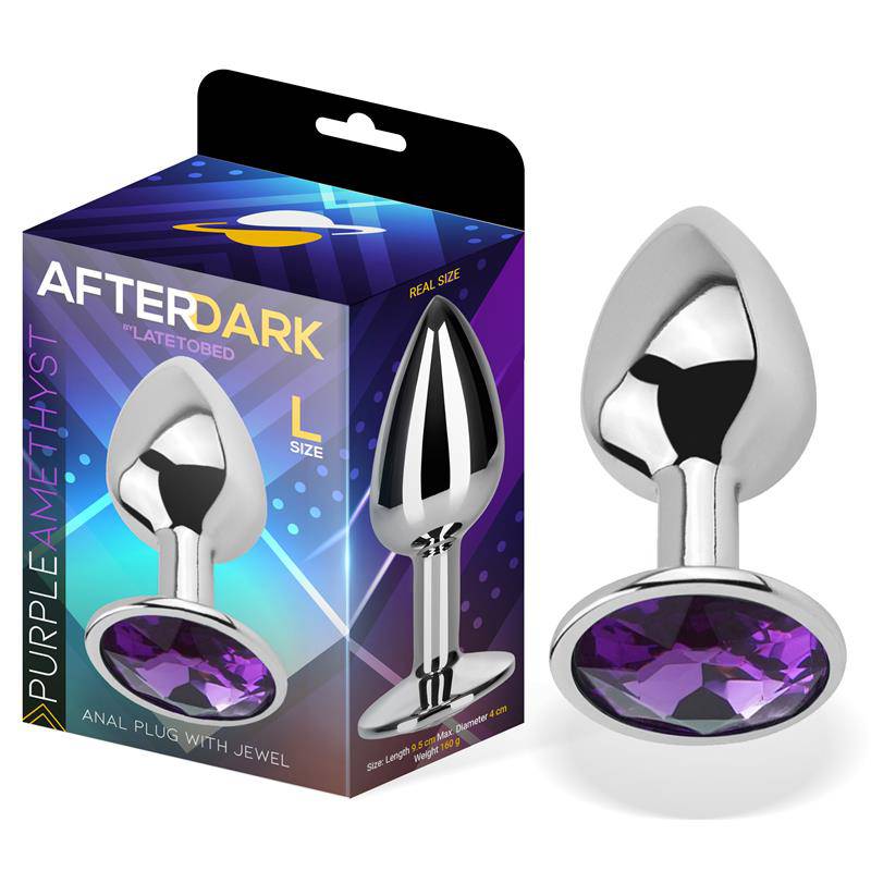 Large polished silver aluminum butt plug with purple amethyst jewel base next to matching packaging.