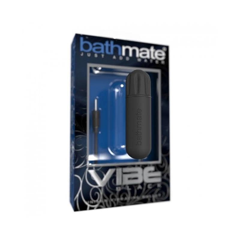 Black cylindrical Bathmate Vibe device with ridged grip displayed in black and blue packaging.