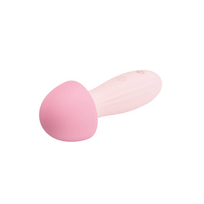 Pink silicone mushroom-shaped massager with textured white handle and USB charging port.