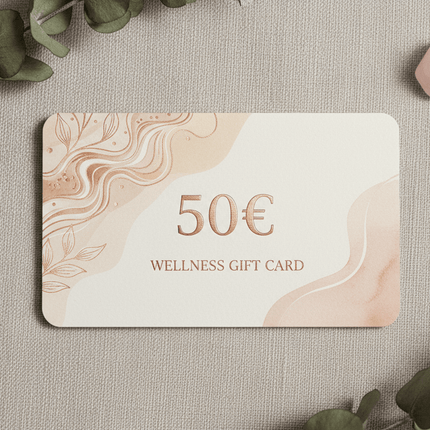 Gift Cards 50€ - Elegantly designed wellness gift card on a textured background with greenery and crystal accents.