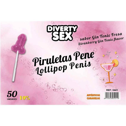 50 penis-shaped lollipops gin tonic-strawberry flavor 10% alcohol by DIVERTY SEX in a display jar