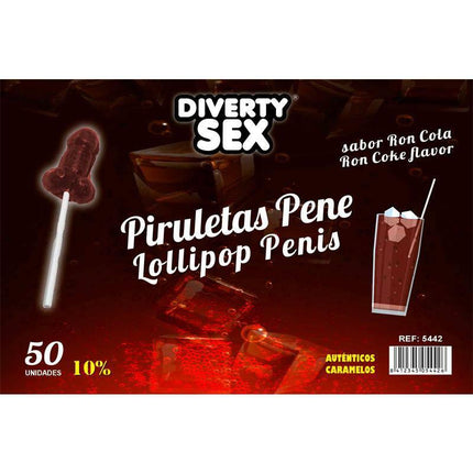 50 penis-shaped lollipops ron-cola flavor 10 alcohol in display packaging with drink illustration