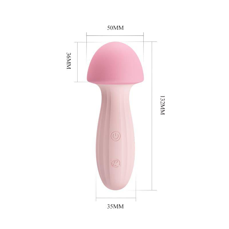 Pink silicone mushroom-shaped massager with two control buttons and USB charging port, 133mm length.