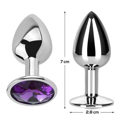 Purple Amethyst Butt Plug with Jewel Size S Aluminium featuring a purple jewel and dimensions of 7 cm height and 2.8 cm width