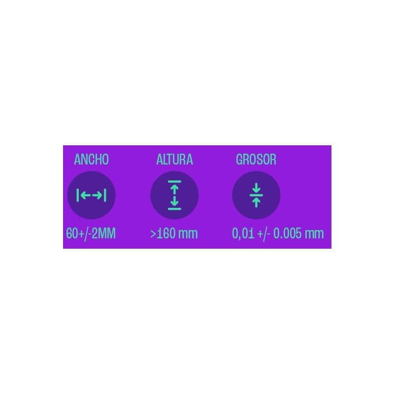 Width 60+/-2mm, length over 160mm, thickness 0.01+/-0.005mm.