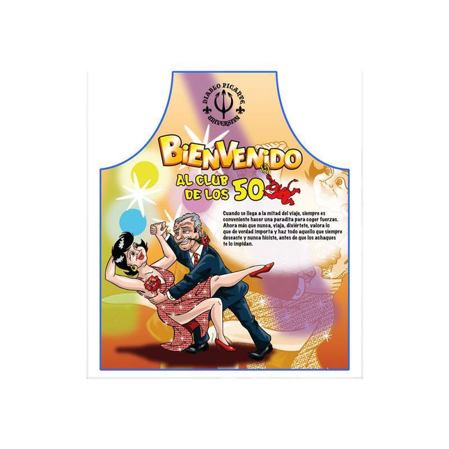 Colorful 50th Birthday Apron featuring humorous dancing couple design, perfect for milestone celebrations, cooking, and entertaining.